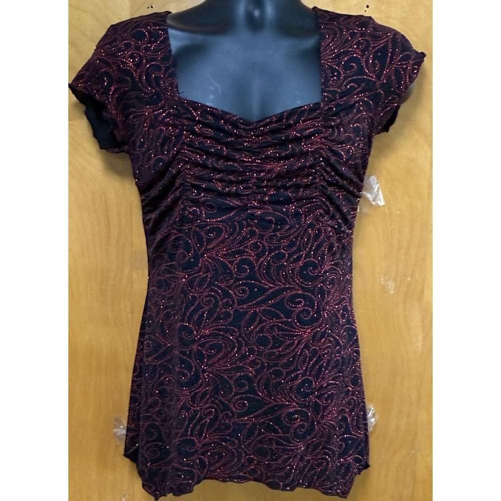 MSK Womens Square Neck Ruched Front Embellished Glitter Evening Top Sz M